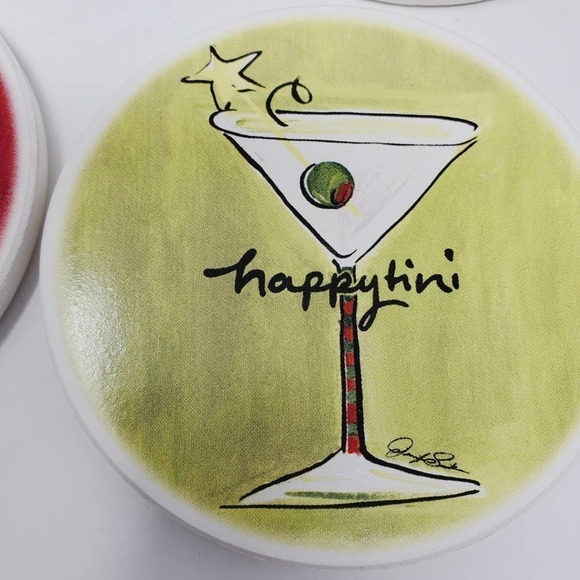 16. Ceramic Martini Mistletoe Mimosa Round Holiday Party Coasters Set of 4 - Picture 6 of 13